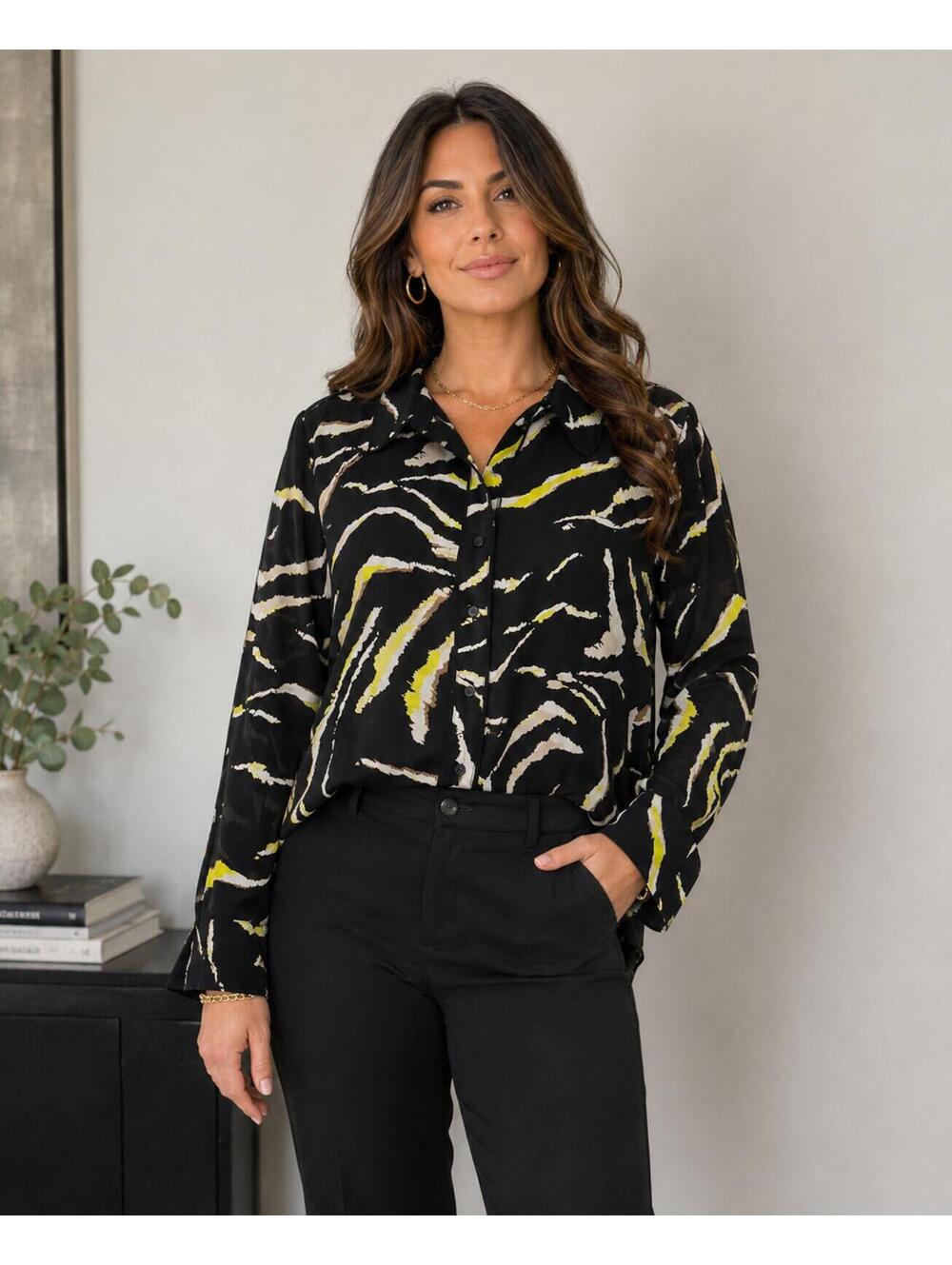 DKNY L Abstract Print Blouse Black Yellow Button Front Office Siren Career Chic